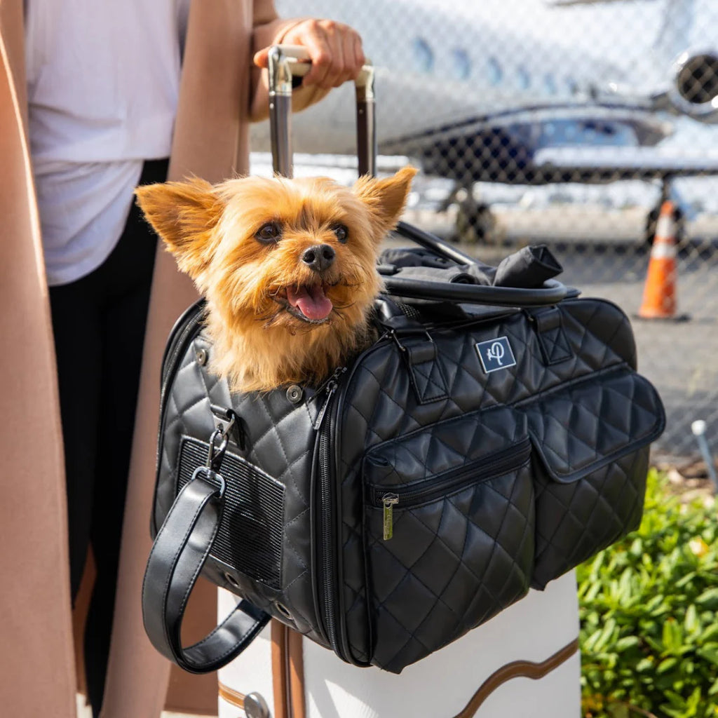 Lux Pet Carrier -Deluxe Durable Black Faux Leather Ventilated Travel Bag