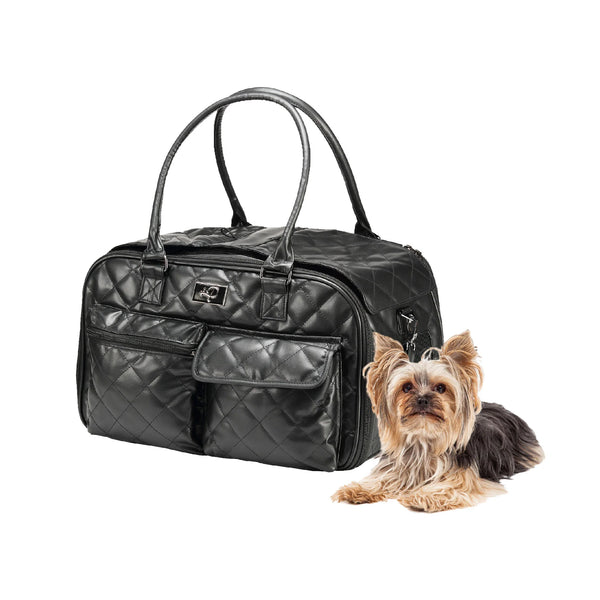 Lux Pet Carrier -Deluxe Durable Black Faux Leather Ventilated Travel Bag